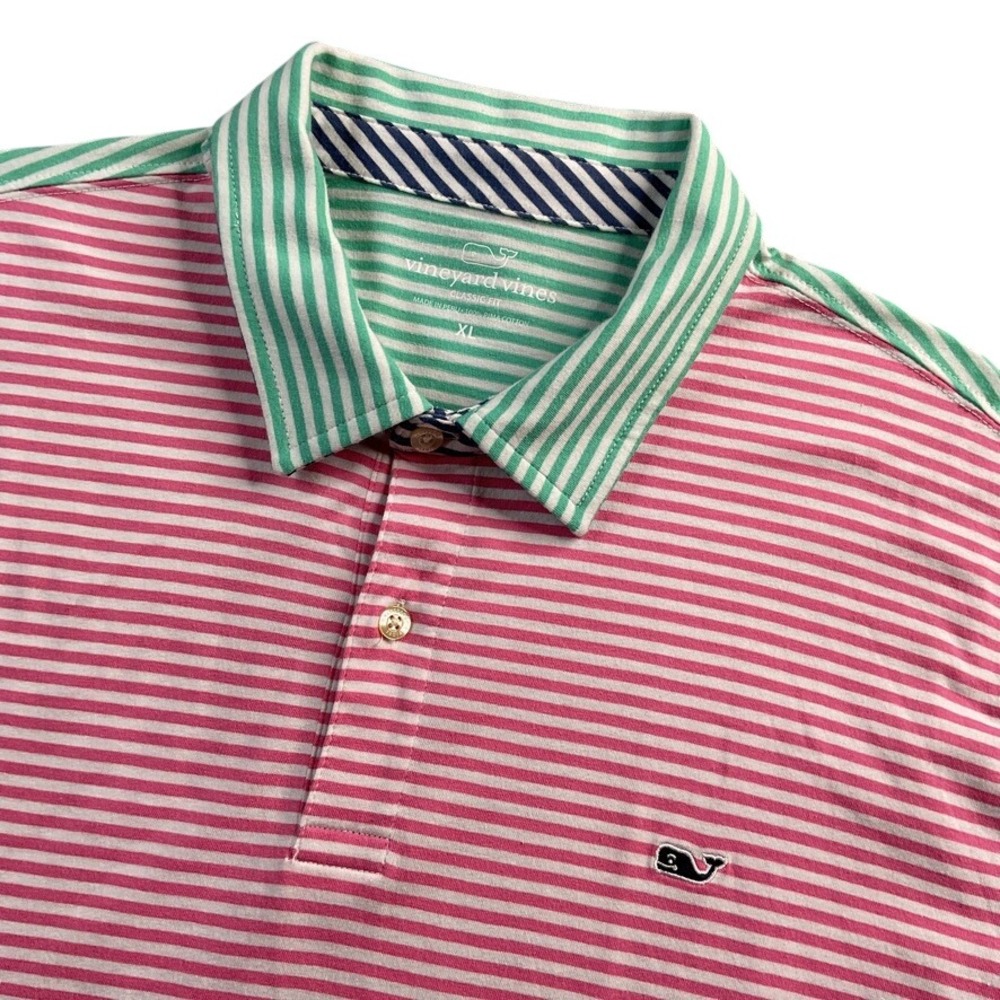 Vineyard Vines Classic Fit Striped Polo‎ Shirt Men's XL Pink Green Colorblock